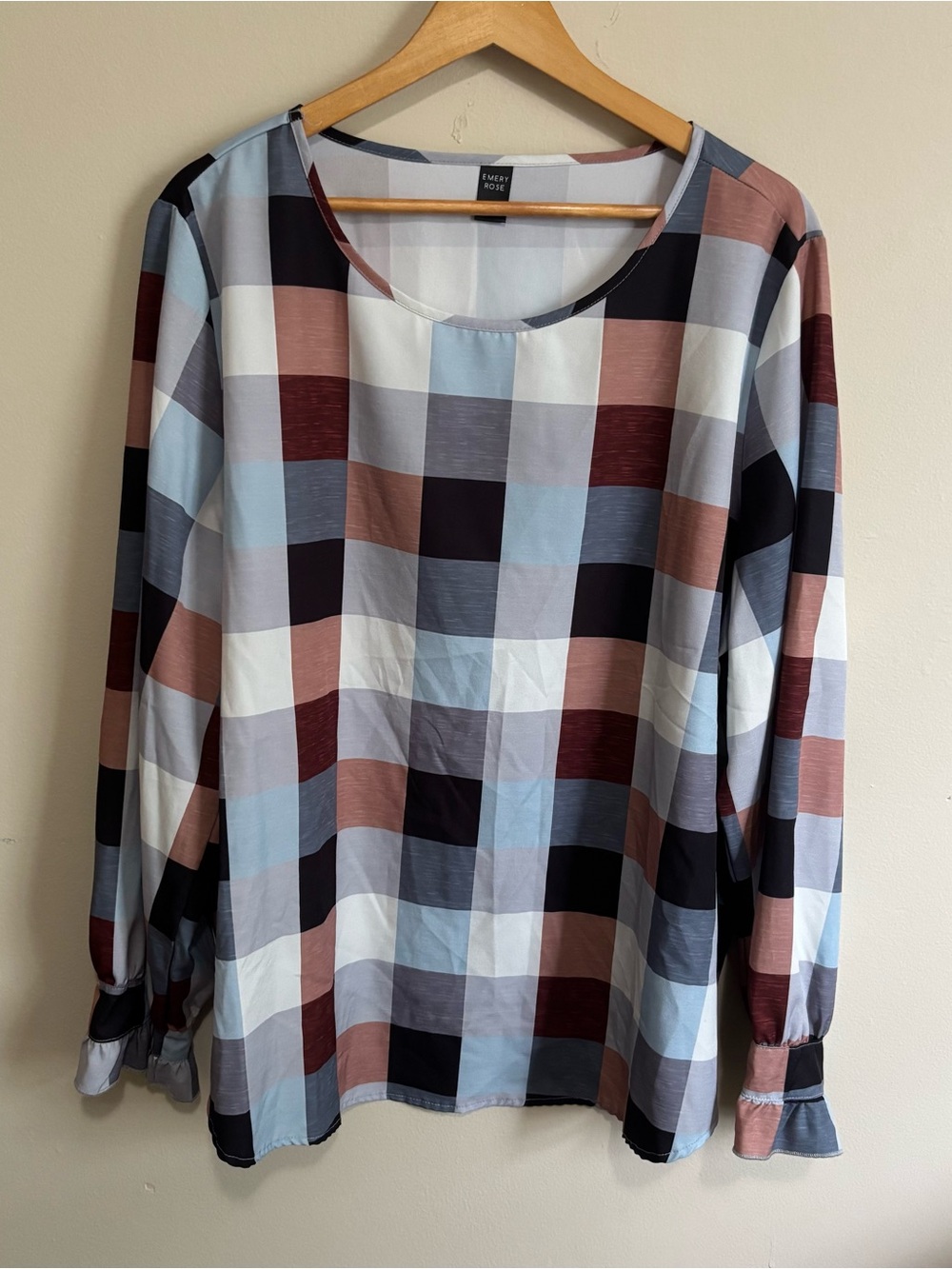 Emery Rose 2XL Plaid Blouse Ruffle Sleeve Hem Long Sleeve Top